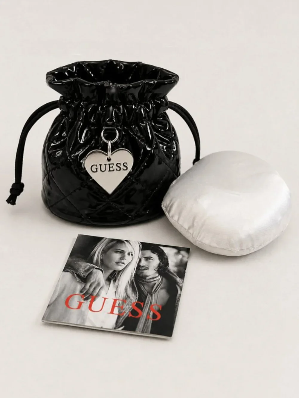 GUESS Black Quilted Patent Drawstring Storage Pouch w/ Heart Charm New